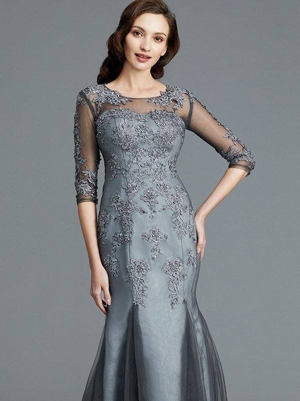 Sheath/Column Scoop Applique 1/2 Sleeves Tulle Floor-Length Mother of the Bride Dresses - RongMoon