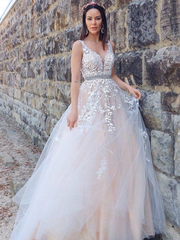 A-Line/Princess Applique Tulle Sleeveless V-neck Sweep/Brush Train Dresses - RongMoon