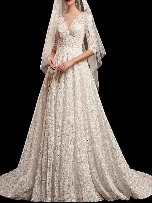 A-Line Wedding Dresses V Neck Sweep / Brush Train Lace 3/4 Length Sleeve Formal Romantic Vintage with Pleats - RongMoon