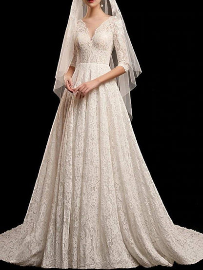 A-Line Wedding Dresses V Neck Sweep / Brush Train Lace 3/4 Length Sleeve Formal Romantic Vintage with Pleats - RongMoon
