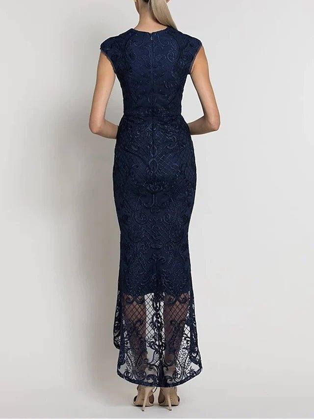 Mermaid / Trumpet Jewel Neck Asymmetrical Lace Bridesmaid Dress with Lace / Appliques - RongMoon