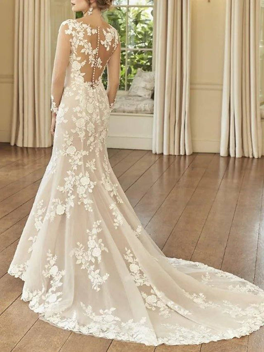 Mermaid / Trumpet Wedding Dresses Jewel Neck Court Train Lace Long Sleeve Romantic See-Through Illusion Sleeve with Embroidery - RongMoon