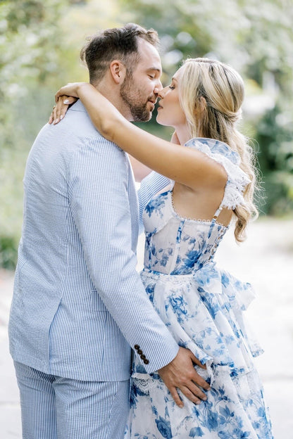 A Line Sweetheart Blue Floral Printed Long Party Dresses