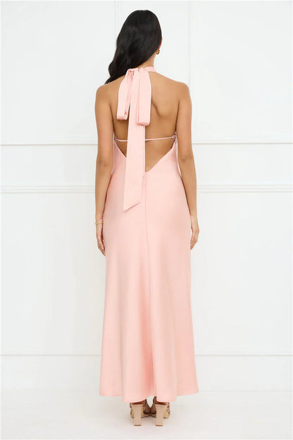 Jimiss halter neckline satin bow tie tie maxi prom dress
