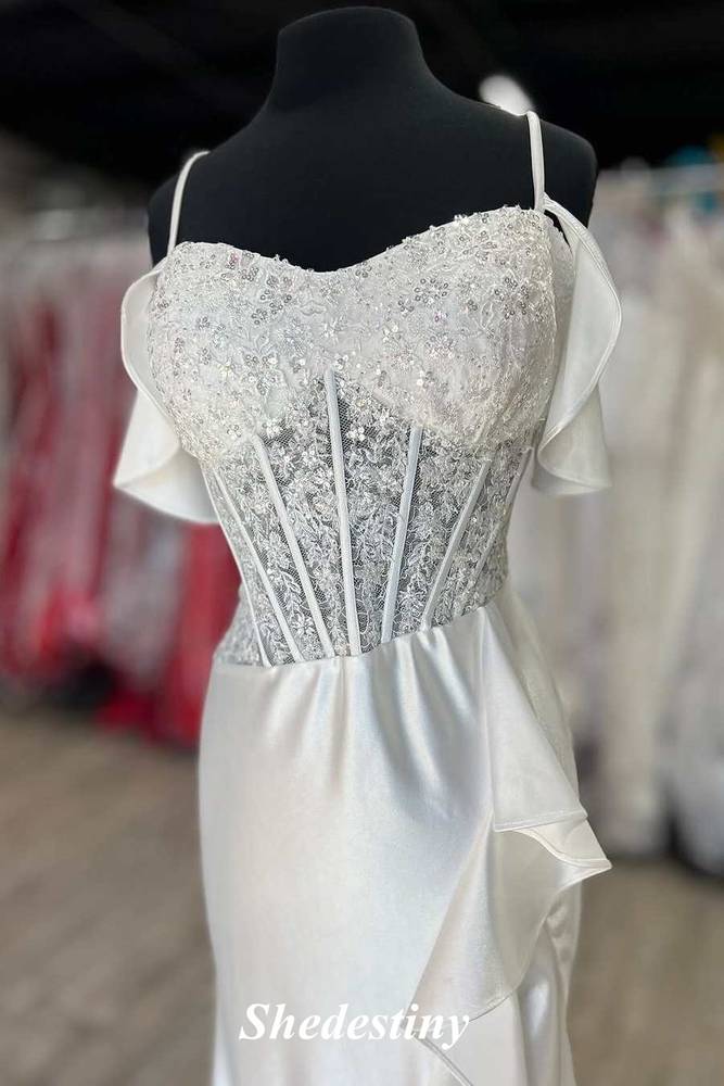 Cold-Shoulder White Mermaid Ruffle Slit Prom Dress with Sequins