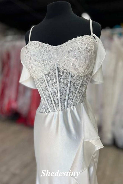 Cold-Shoulder White Mermaid Ruffle Slit Prom Dress with Sequins