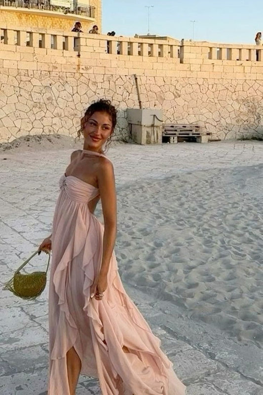 A Line Halter Neck Pink Long Chiffon Prom Dresses