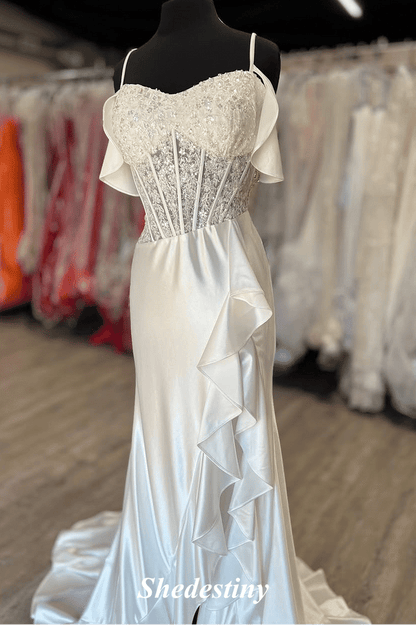Cold-Shoulder White Mermaid Ruffle Slit Prom Dress with Sequins