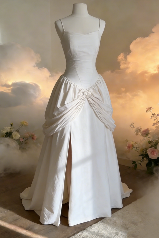 Ivory Satin Strapless Twist Knot Slit Train Gown - Vintage Style Evening Dress gh6955
