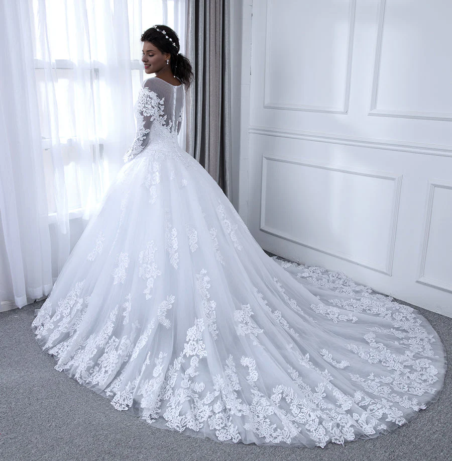 Pearl embellishment decal transparent collar long sleeved chiffon dance dress wedding dress