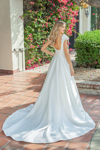 A-line square neckline sleeveless floral shoulder strap backless and floor length wedding dress