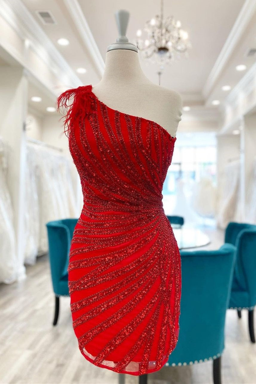 Red Sequin-Embroidery One-Shoulder Short Party Dress