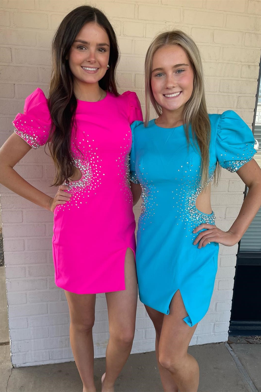 Cobalt Blue Beaded Cutout Short Dress with Puff Sleeves