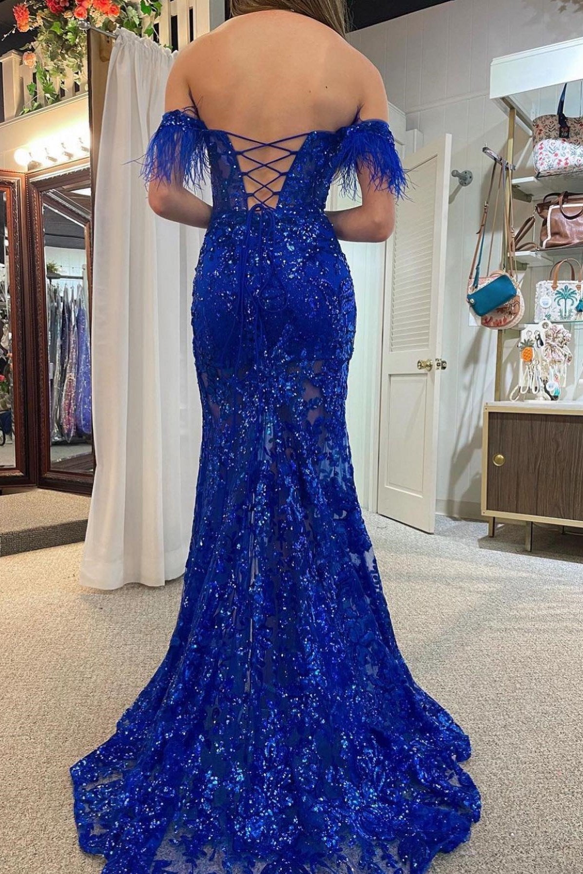 Orange Off-the-Shoulder Sequin Applique Mermaid Long Dress with Slit