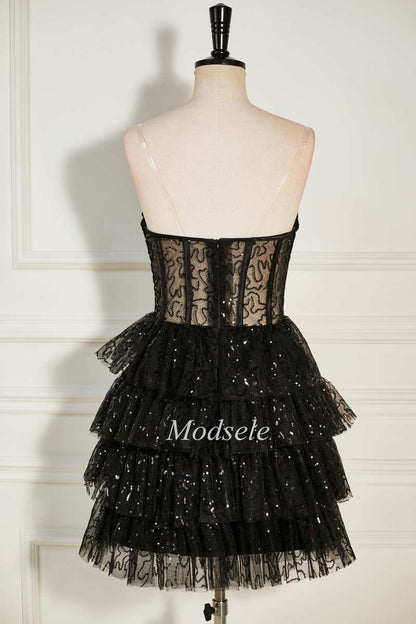 Black Sequin Tulle Strapless Tiered Short Party Dress with Ruffles