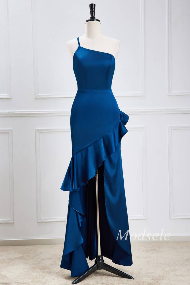 Navy Blue One-Shoulder Ruffle High-Low Dress