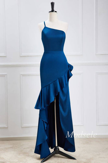 Navy Blue One-Shoulder Ruffle High-Low Dress