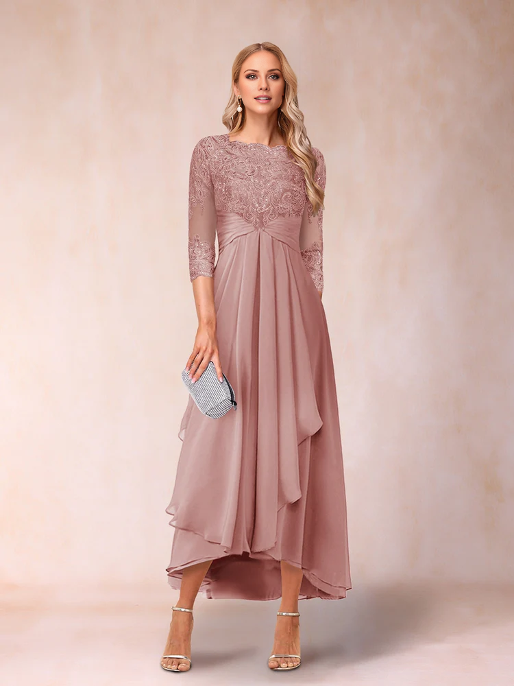 A-line princess transparent collar 3/4 sleeve length with bead and decal mother of the bride dress