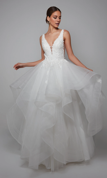 Chiffon lace deep V-neck floral decals and floor length wedding dresses