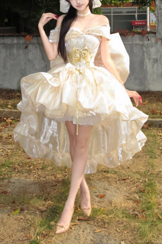 Birthday Must-Have! Pearlescent Satin Oversized Bow Gown High-Low Hem Lolita Dress gh7008