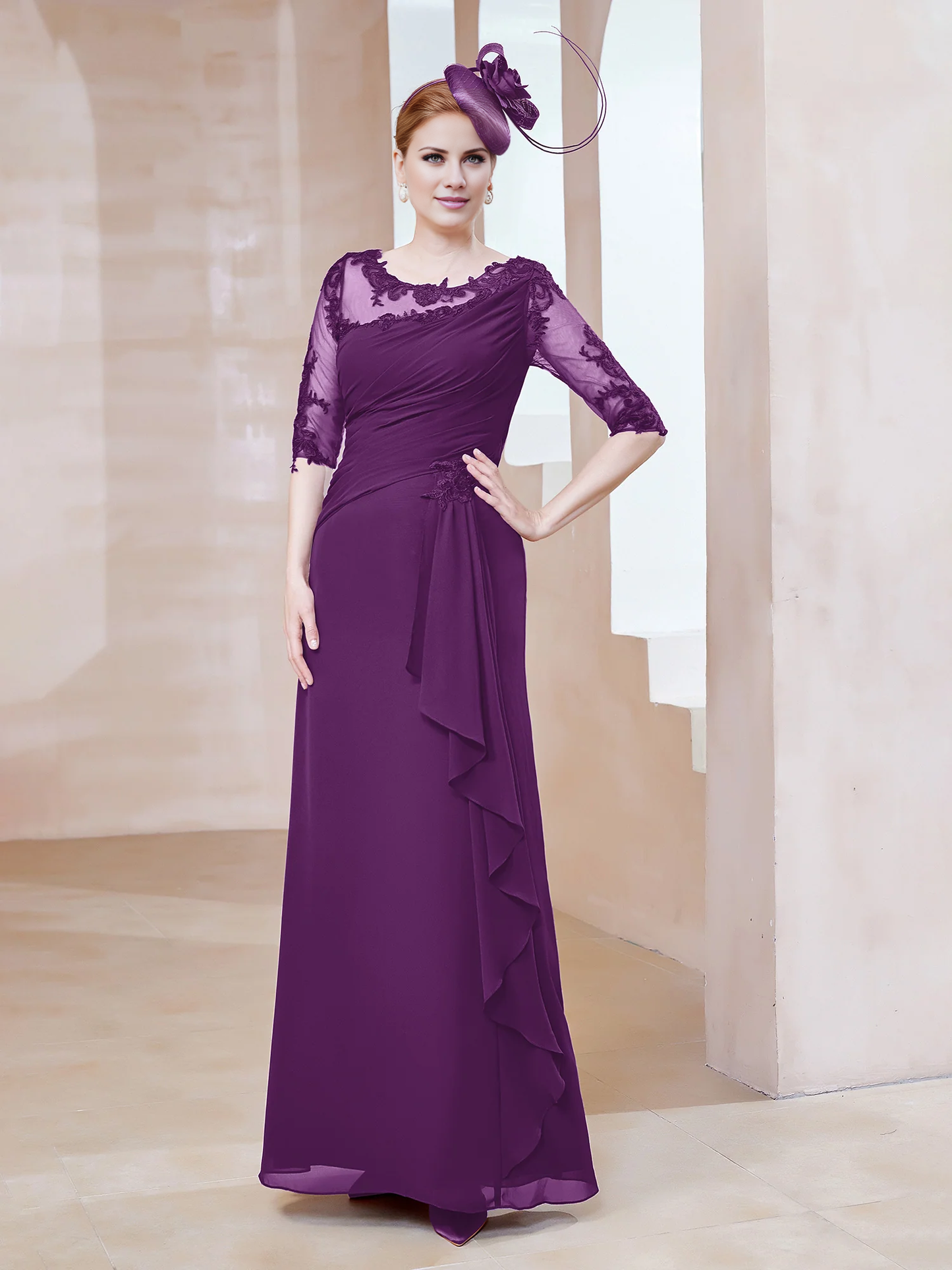 Low round lace neckline with ruffled edges, tight fitting mother of the bride dress