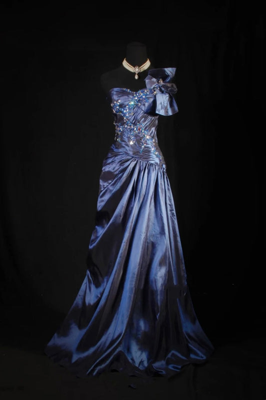 Elegant Shimmer Style Navy Satin One-Shoulder Beaded Gown - Dinner & High-End Party Dress gh6573