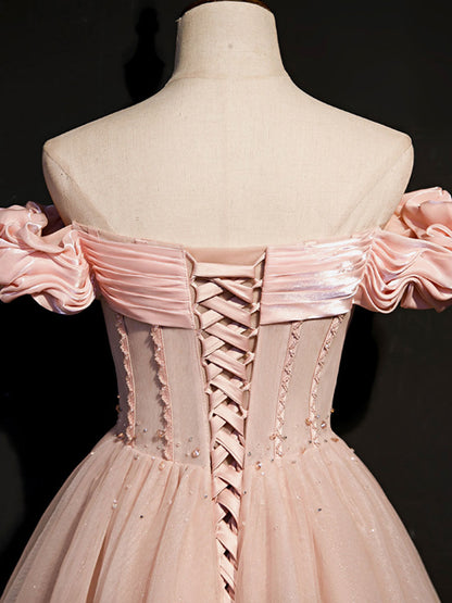 Pink tulle off shoulder long prom dress, pink tulle formal dress