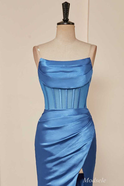 Blue Strapless Ruching Mermaid Long Prom Dress with Slit