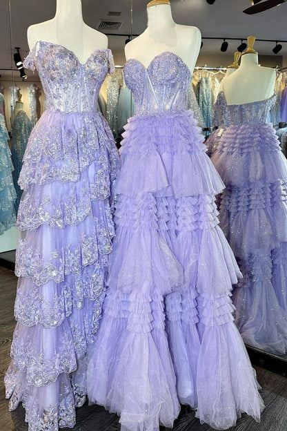 Strapless Tulle Sweetheart Tiered A-Line Long Prom Dress with Ruffles