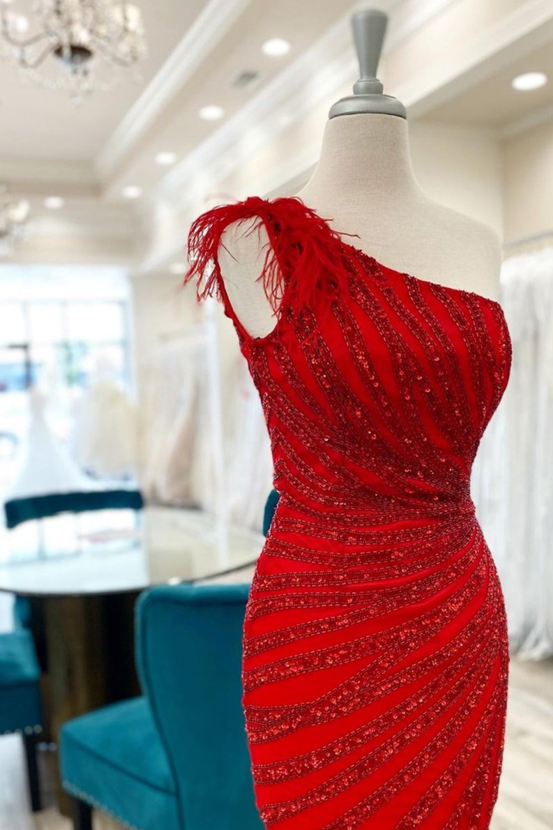 Red Sequin-Embroidery One-Shoulder Short Party Dress