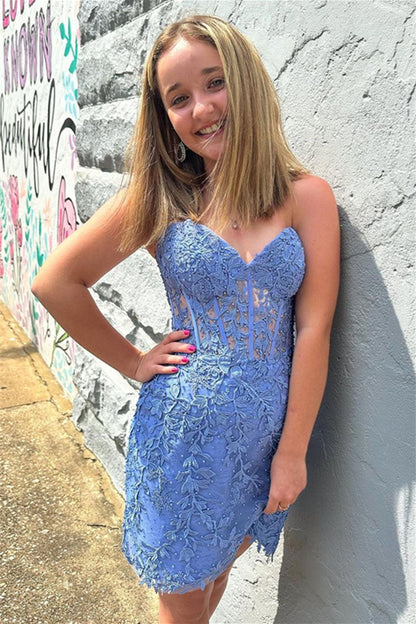 Blue Appliques Sheath Homecoming Dress Short Prom Dresses