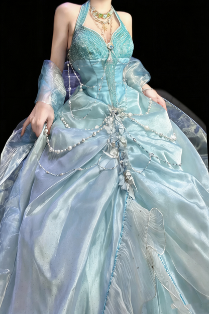 Mermaid Style Sea Blue Halter Pearl Tassel Ballgown - Ocean Theme Wedding & Cosplay Dress gh6557
