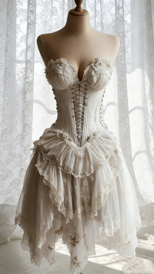 Vintage Dream Lace Strapless Lace-Up Corset Asymmetric Layered Dress gh6927