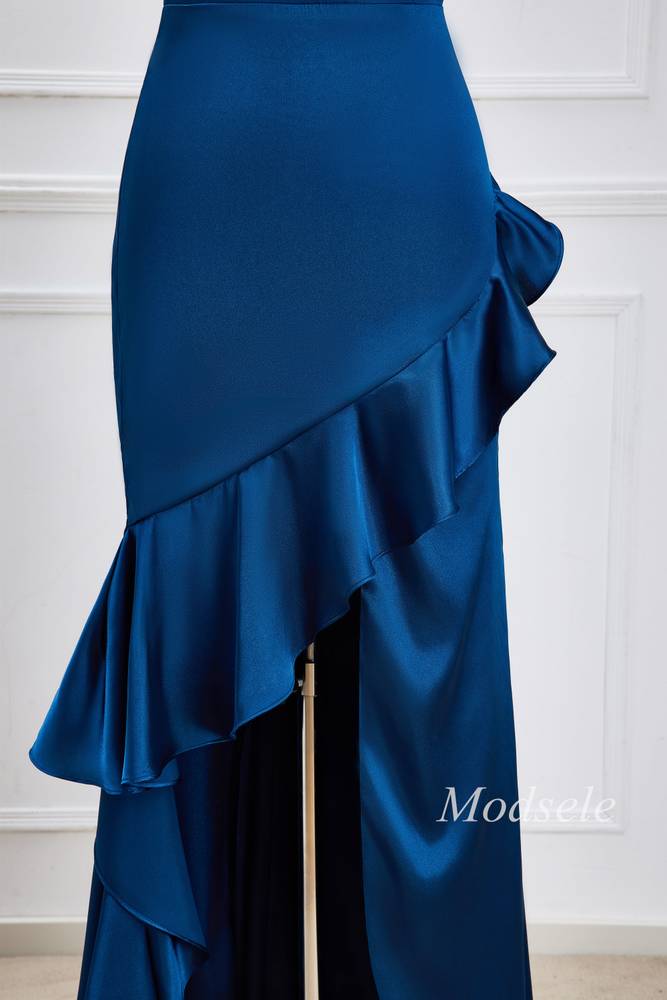 Navy Blue One-Shoulder Ruffle High-Low Dress