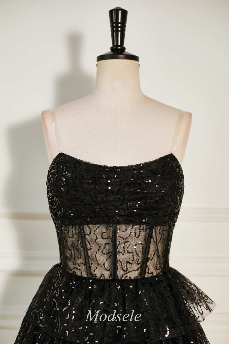 Black Sequin Tulle Strapless Tiered Short Party Dress with Ruffles