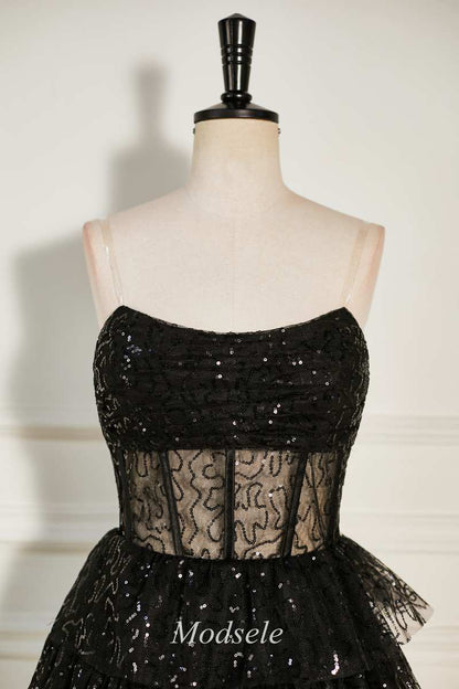 Black Sequin Tulle Strapless Tiered Short Party Dress with Ruffles