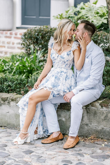 A Line Sweetheart Blue Floral Printed Long Party Dresses