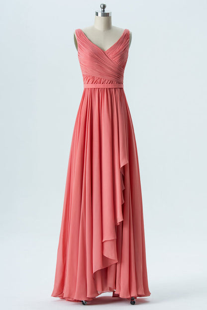 Coral Pink Chiffon Sleeveless Ruffled Bridesmaid Dress
