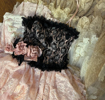 Vintage Pink Lace Strapless Tiered Sweet 16 Quinceanera A-Line Evening Dress Ball Gown HZ1024