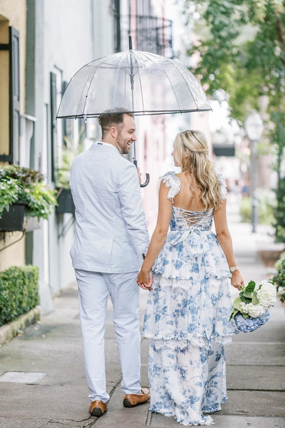 A Line Sweetheart Blue Floral Printed Long Party Dresses