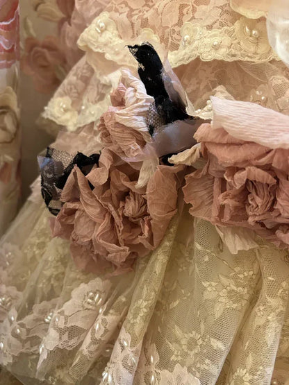 Vintage Pink Lace Strapless Tiered Sweet 16 Quinceanera A-Line Evening Dress Ball Gown HZ1024