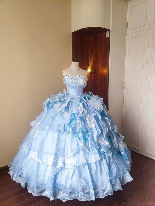Girlhomeshops-Blue Floral Tulle Floor-Length Ball Gown gh5299