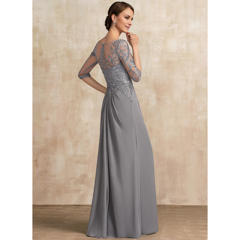 Jimiss A-shaped Scoop Illusion floor mopping chiffon lace ribbon bead sequins layered ruffles mother of the bride dress