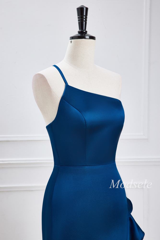 Navy Blue One-Shoulder Ruffle High-Low Dress