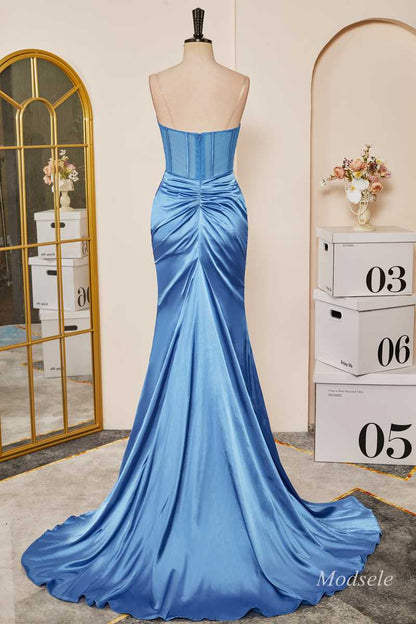 Blue Strapless Ruching Mermaid Long Prom Dress with Slit