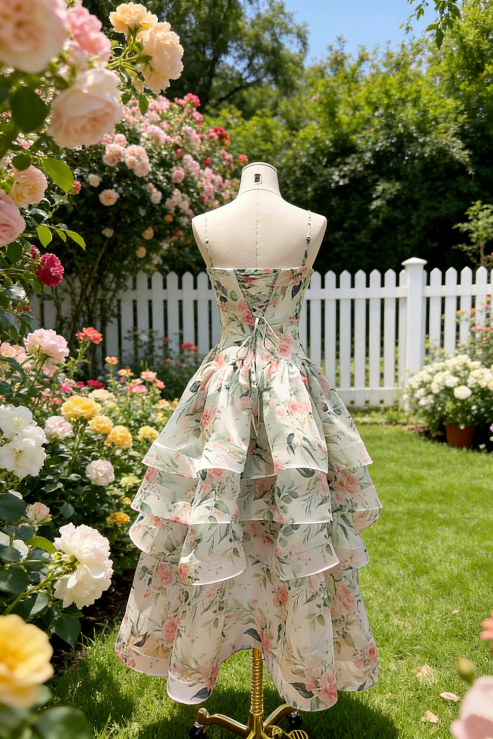 Pink & Green Floral Print Layered Organza Dress - Spring Fresh Style Gown gh6966