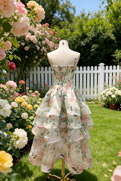 Pink & Green Floral Print Layered Organza Dress - Spring Fresh Style Gown gh6966
