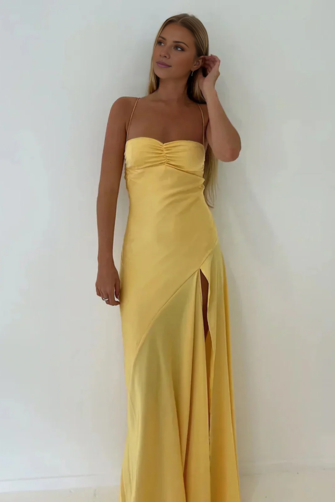 Jimiss minimalist tight thin shoulder strap pink front slit long Prom dress