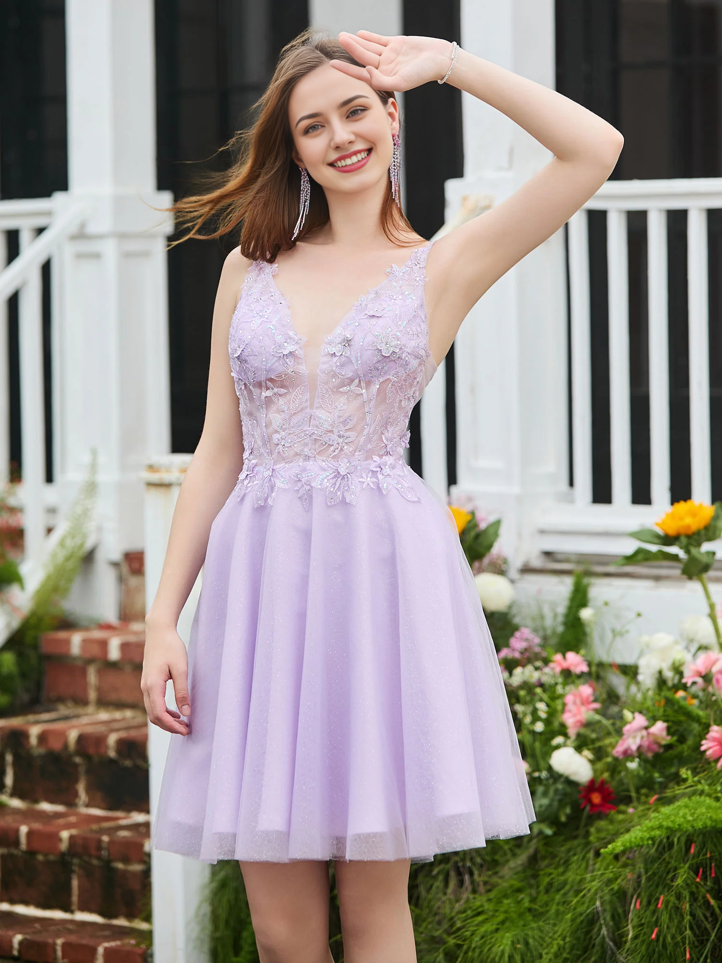 Patchwork Transparent Top Sleeveless Short Homecoming Dress