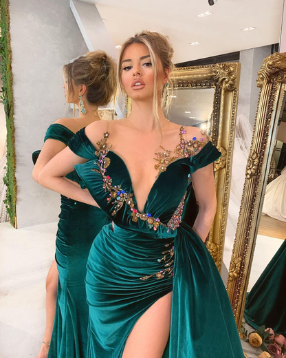 Off The Shoulder Velet Unique Long Prom Dress With Appliques  C1668